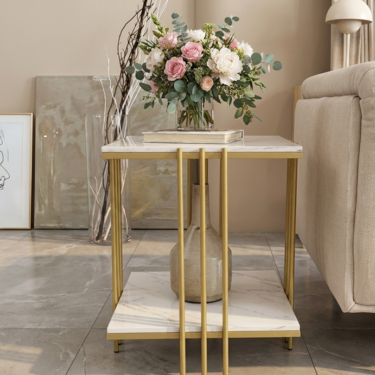 Table d'Appoint Carrée "Opéra" – Double Plateau Effet Marbre & Structure Or – Bout de Canapé Design