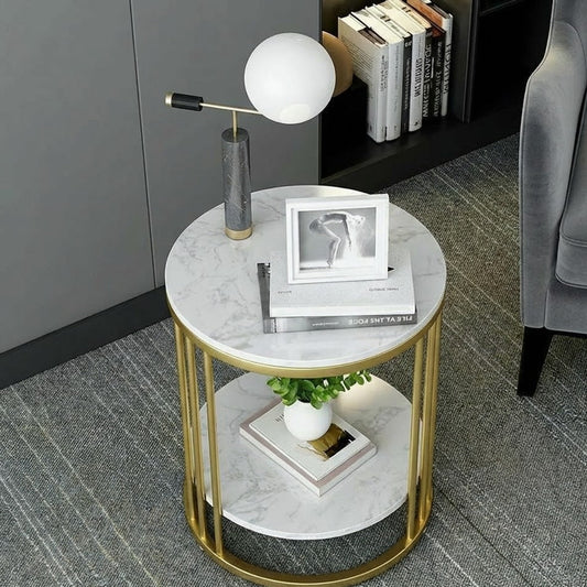 Table d'Appoint Ronde "Vendôme" – Double Plateau Effet Marbre & Pieds Métal Or – Design Chevet ou Salon