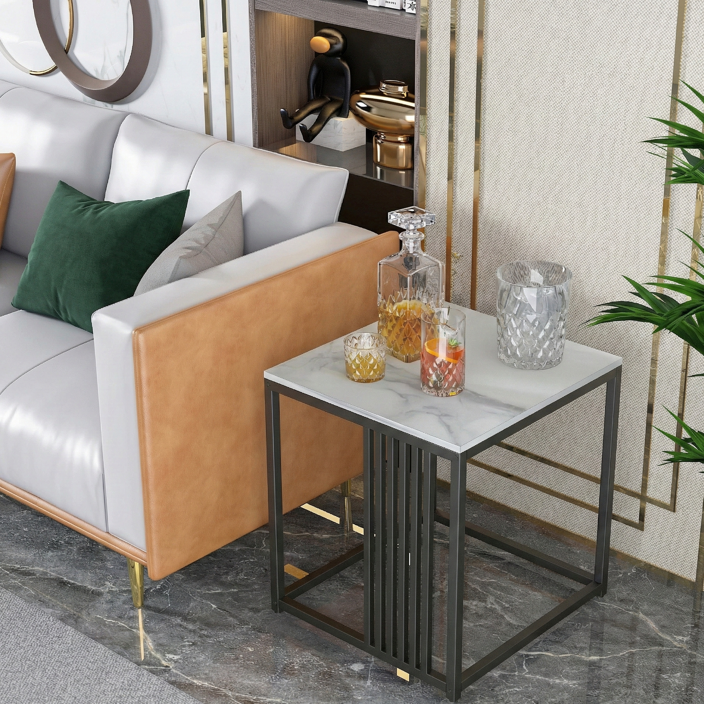 Table d'Appoint Carrée "Manhattan" – Plateau Effet Marbre Blanc & Structure Métal Noir – Bout de Canapé Industriel