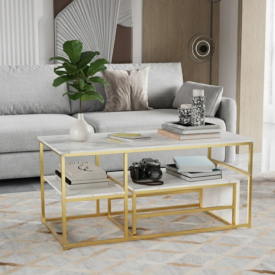 Table Basse Design Rectangulaire à Niveaux – Finition Effet Marbre ou Bois