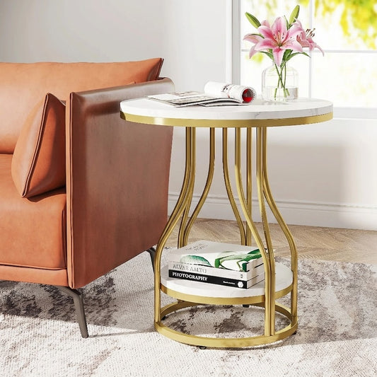Table d'Appoint Ronde "Montaigne" – Double Plateau Effet Marbre & Structure Métal Doré – Chevet Design