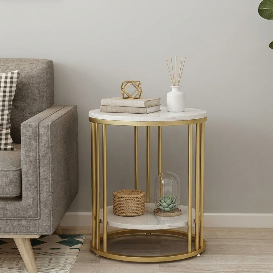 Table d'Appoint Ronde "Vendôme" – Double Plateau Effet Marbre & Pieds Métal Or – Design Chevet ou Salon