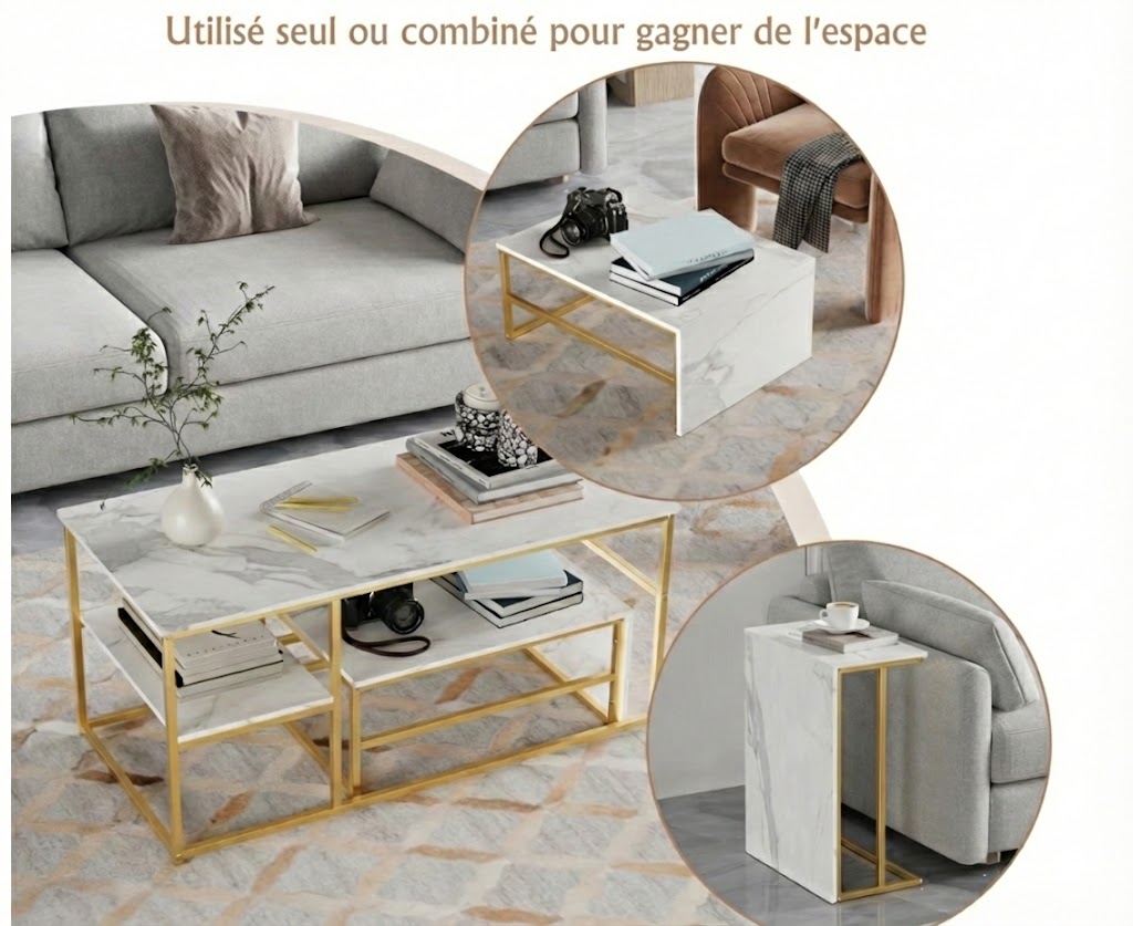 Table Basse Design Rectangulaire à Niveaux – Finition Effet Marbre ou Bois