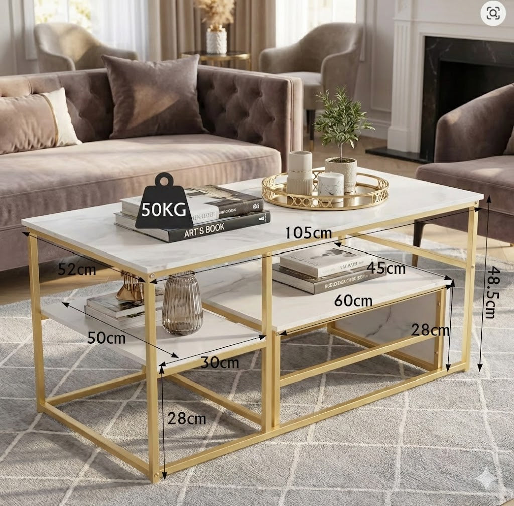 Table Basse Design Rectangulaire à Niveaux – Finition Effet Marbre ou Bois