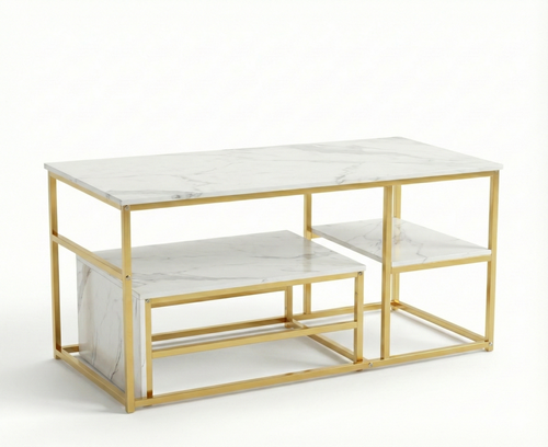 Table Basse Design Rectangulaire à Niveaux – Finition Effet Marbre ou Bois