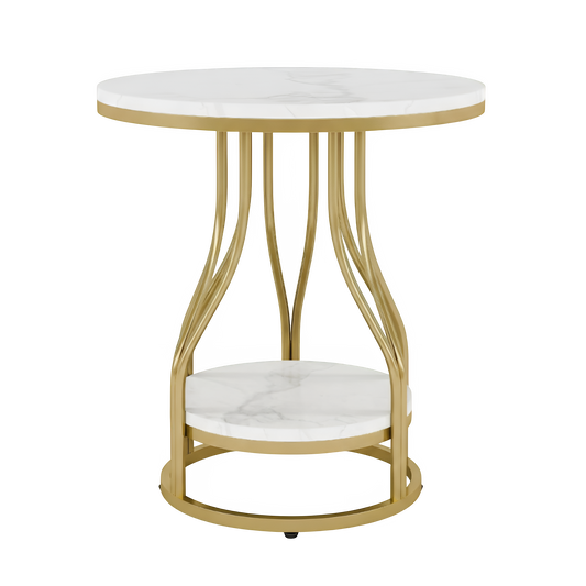 Table d'Appoint Ronde "Montaigne" – Double Plateau Effet Marbre & Structure Métal Doré – Chevet Design