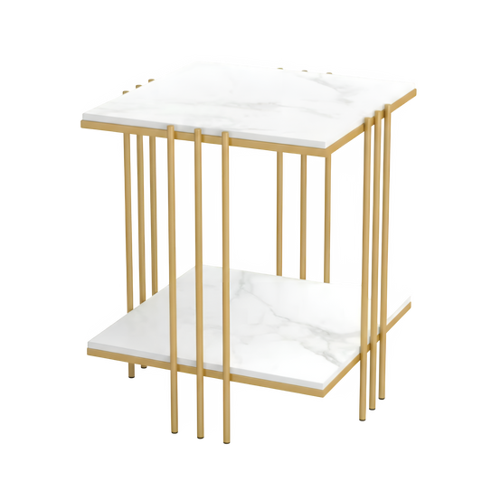 Table d'Appoint Carrée "Opéra"  – Double Plateau Effet Marbre & Structure Or – Bout de Canapé Design