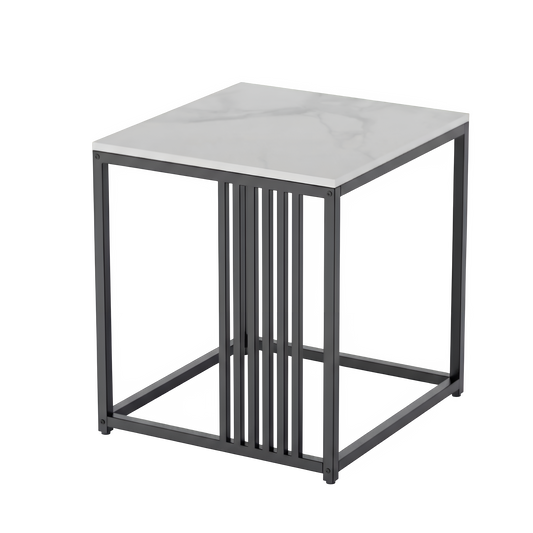 Table d'Appoint Carrée "Manhattan" – Plateau Effet Marbre Blanc & Structure Métal Noir – Bout de Canapé Industriel