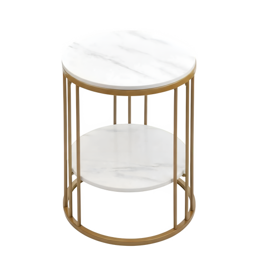 Table d'Appoint Ronde "Vendôme"  – Double Plateau Effet Marbre & Pieds Métal Or – Design Chevet ou Salon