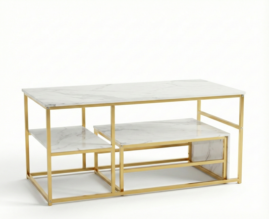 Table Basse Design Rectangulaire à Niveaux – Finition Effet Marbre ou Bois